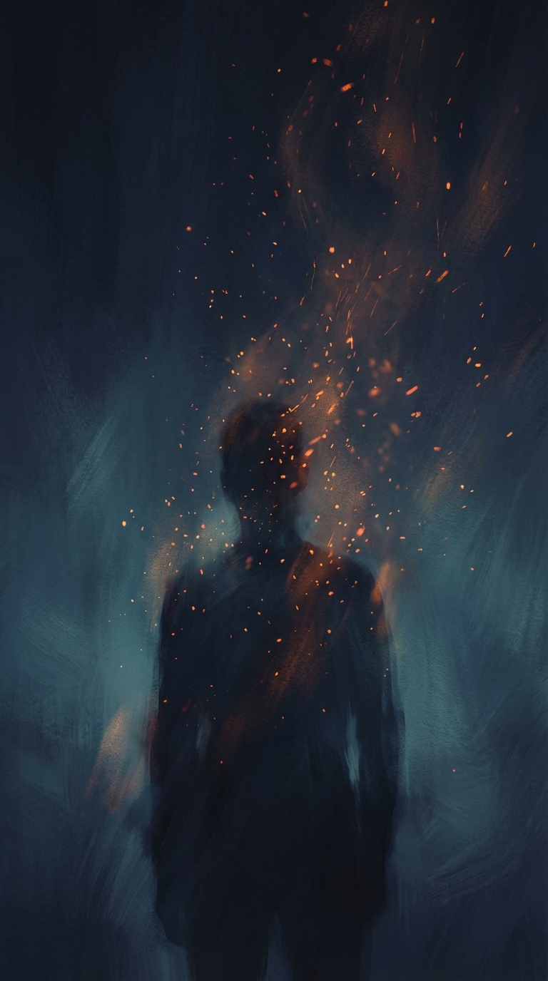 Abstract art depicting a figure dissolving into rising embers