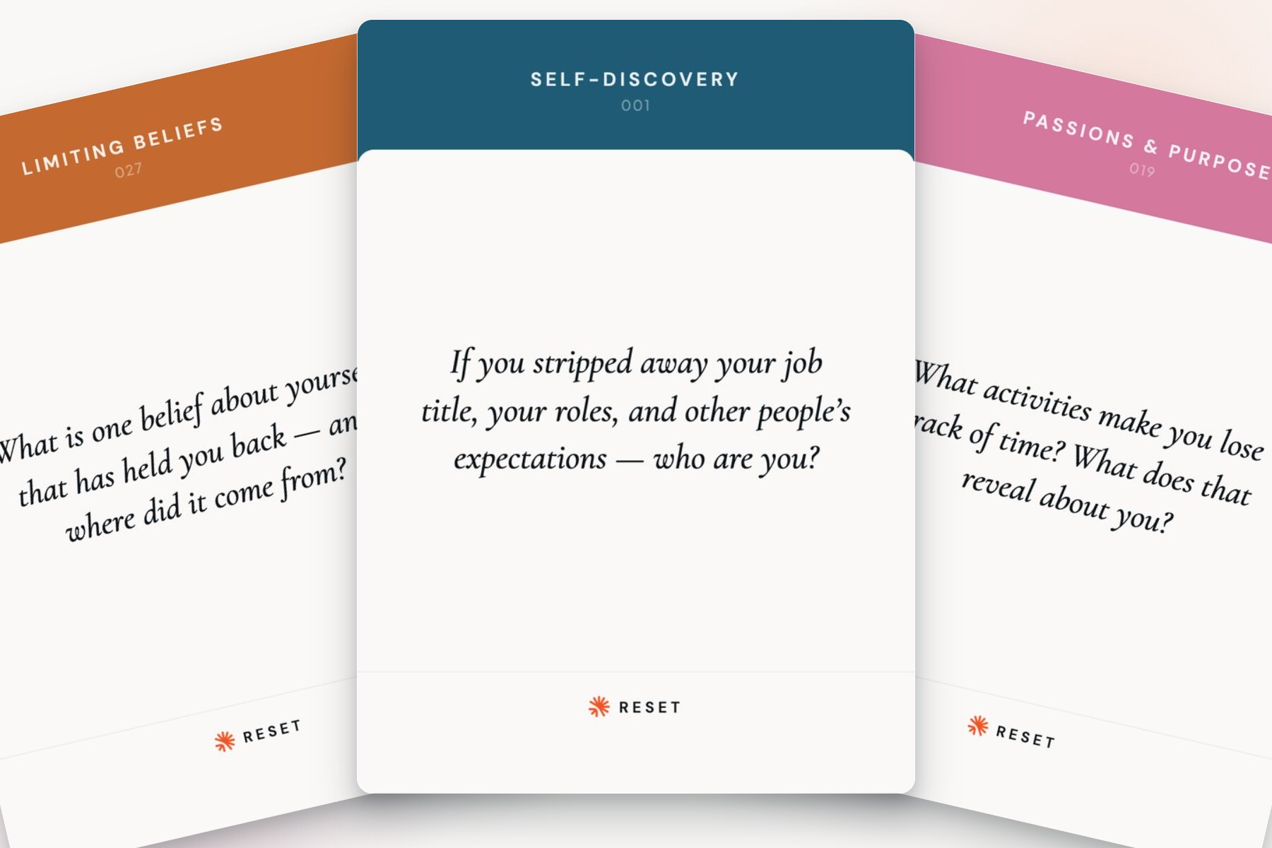 Three RESET Cards fanned out in different theme colours, with the question 'If you stripped away your job title, your roles, and other people's expectations, who are you?' visible on the front card