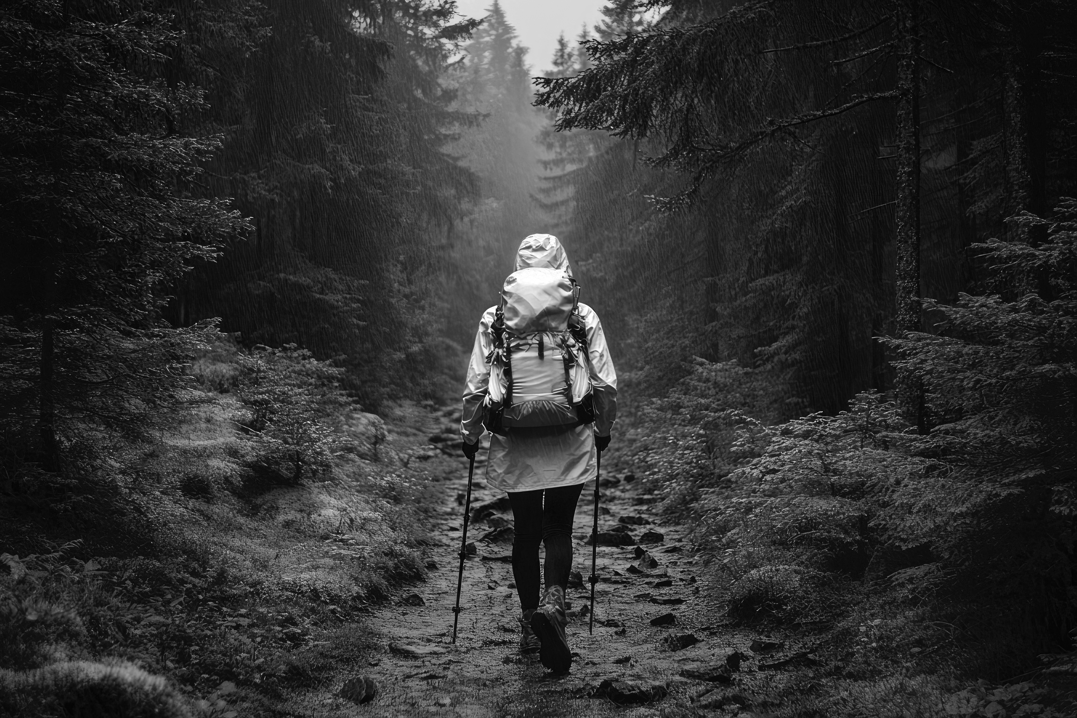 Person hiking forward through a misty forest — clarity and resilience