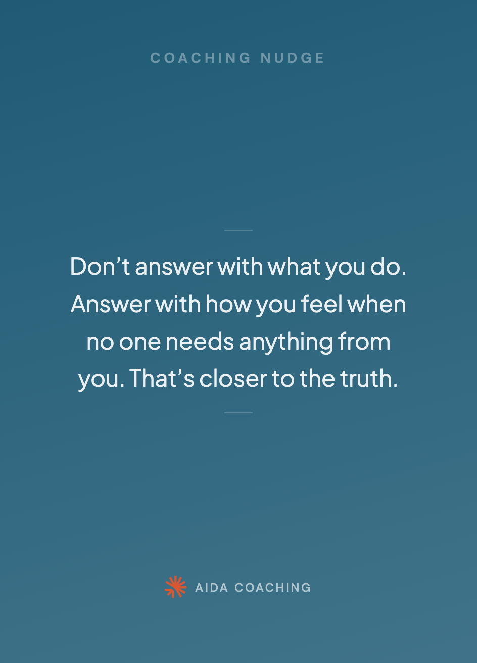 Back of RESET card 001, coaching nudge. Don't answer with what you do. Answer with how you feel when no one needs anything from you. That's closer to the truth.