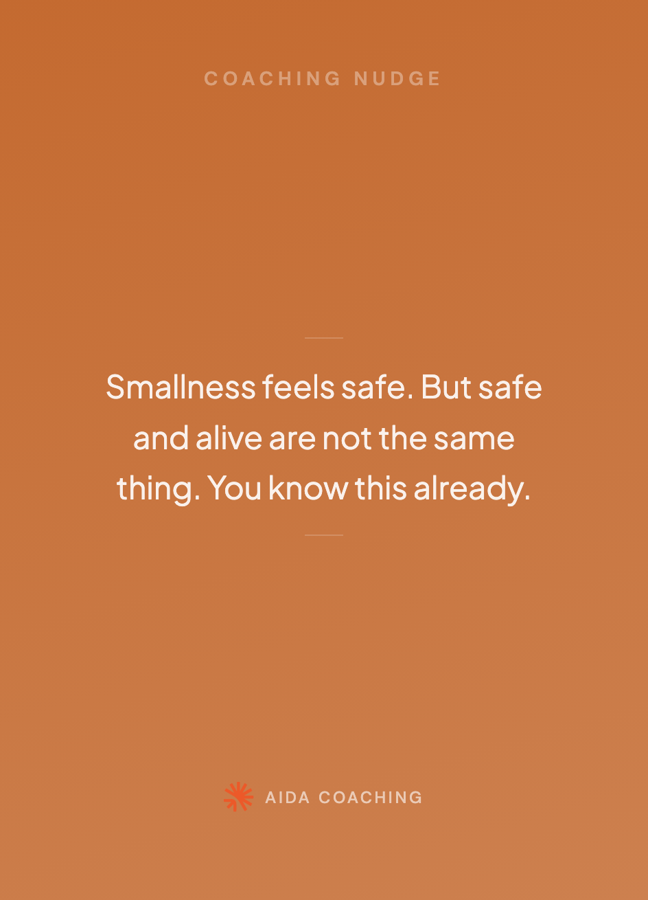 Back of RESET card 036, coaching nudge. Smallness feels safe. But safe and alive are not the same thing. You know this already.